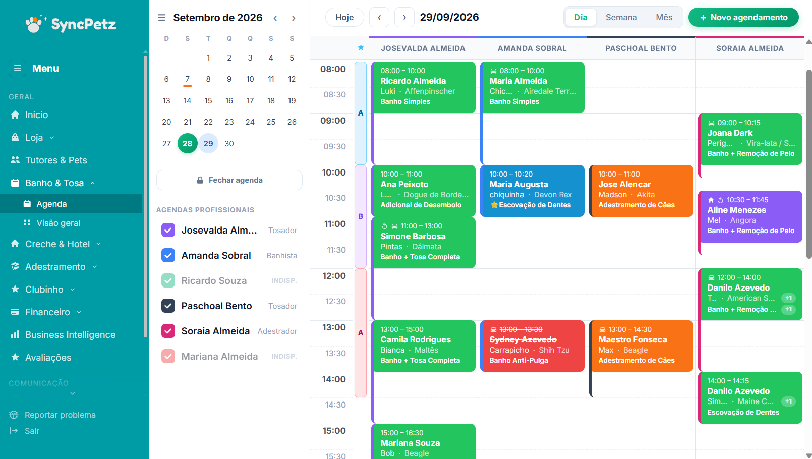 Agenda do dia na SyncPetz, com uma coluna por profissional