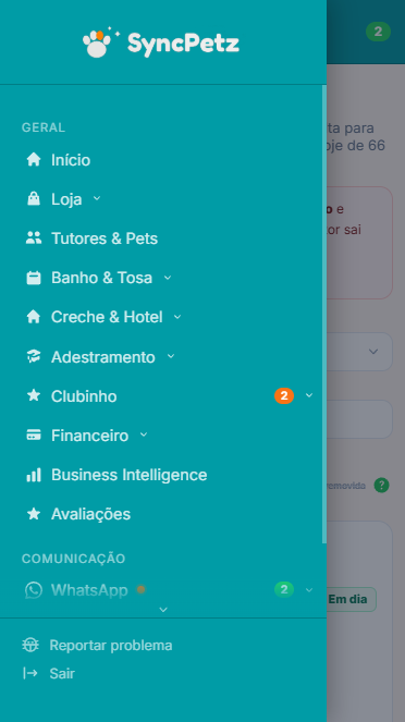 Menu da SyncPetz aberto no celular